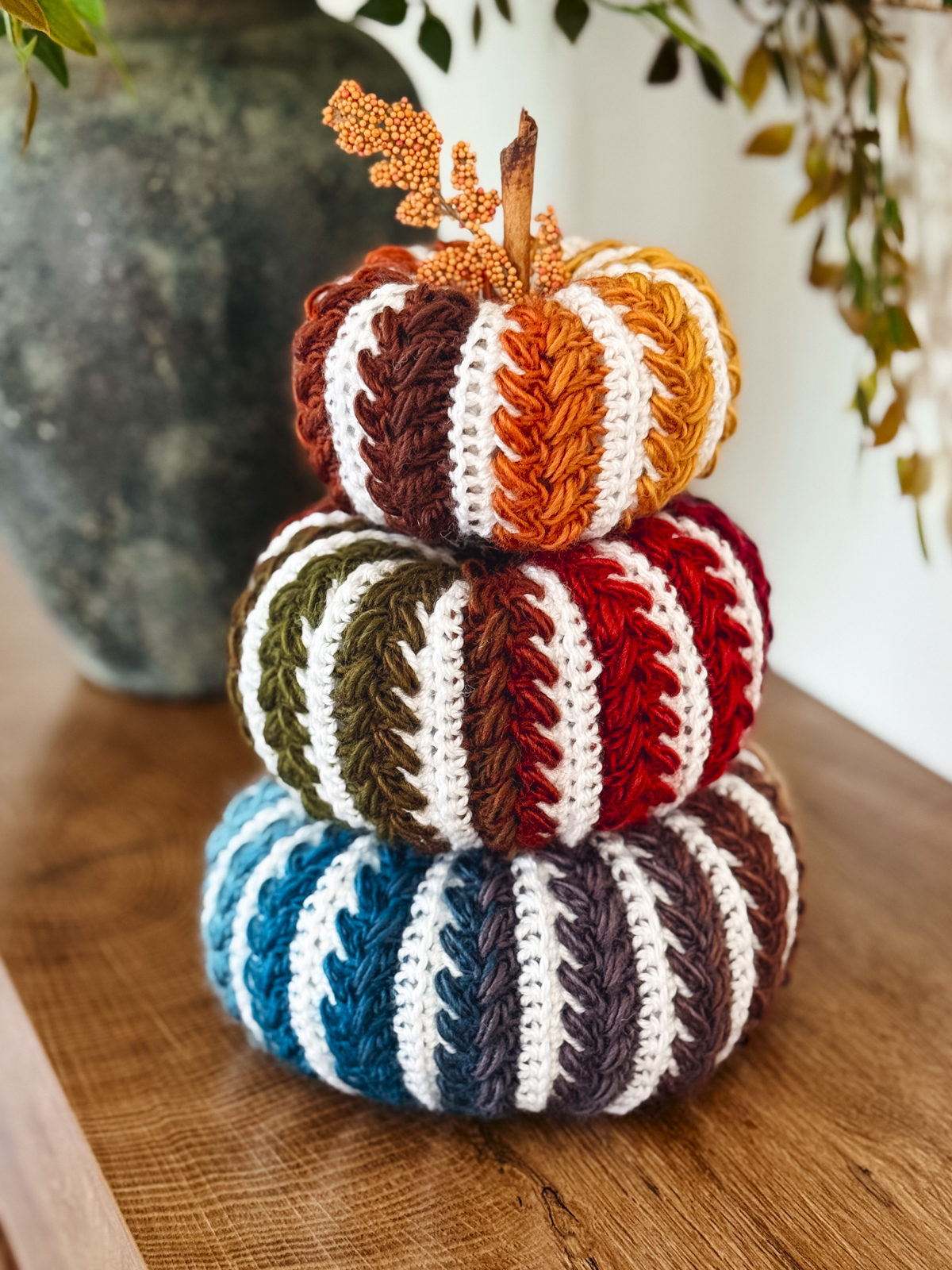 Striped Wheat Stitch Crochet Pumpkins in rust, olive and teal
