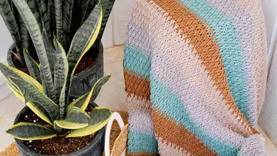 Close up of the Alpine Stitch Blanket's textured tan, gray and blue stripes next to a snake plant