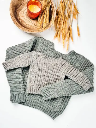 Child size Autumn Wheat Flat Sweater in sage green with a candle and wheat
