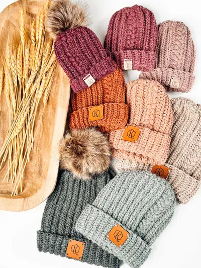 Autumn Wheat Flat Crochet Hats in plum, rust, blush, sage and gray with leather tags