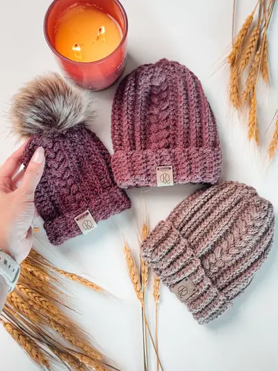 Three Autumn Wheat Flat Crochet Hats in plum and mauve with wheat and a candle