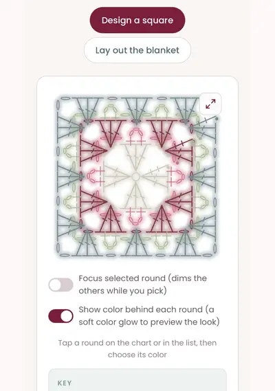 App screen showing the Blossom Granny Square designer with a colored square preview