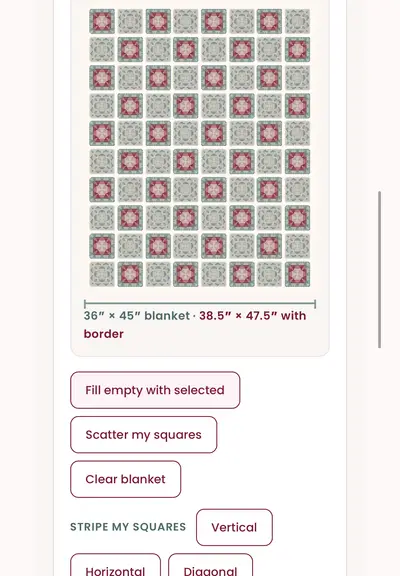 App screen laying out the Blossom Granny Square Blanket in a grid of squares