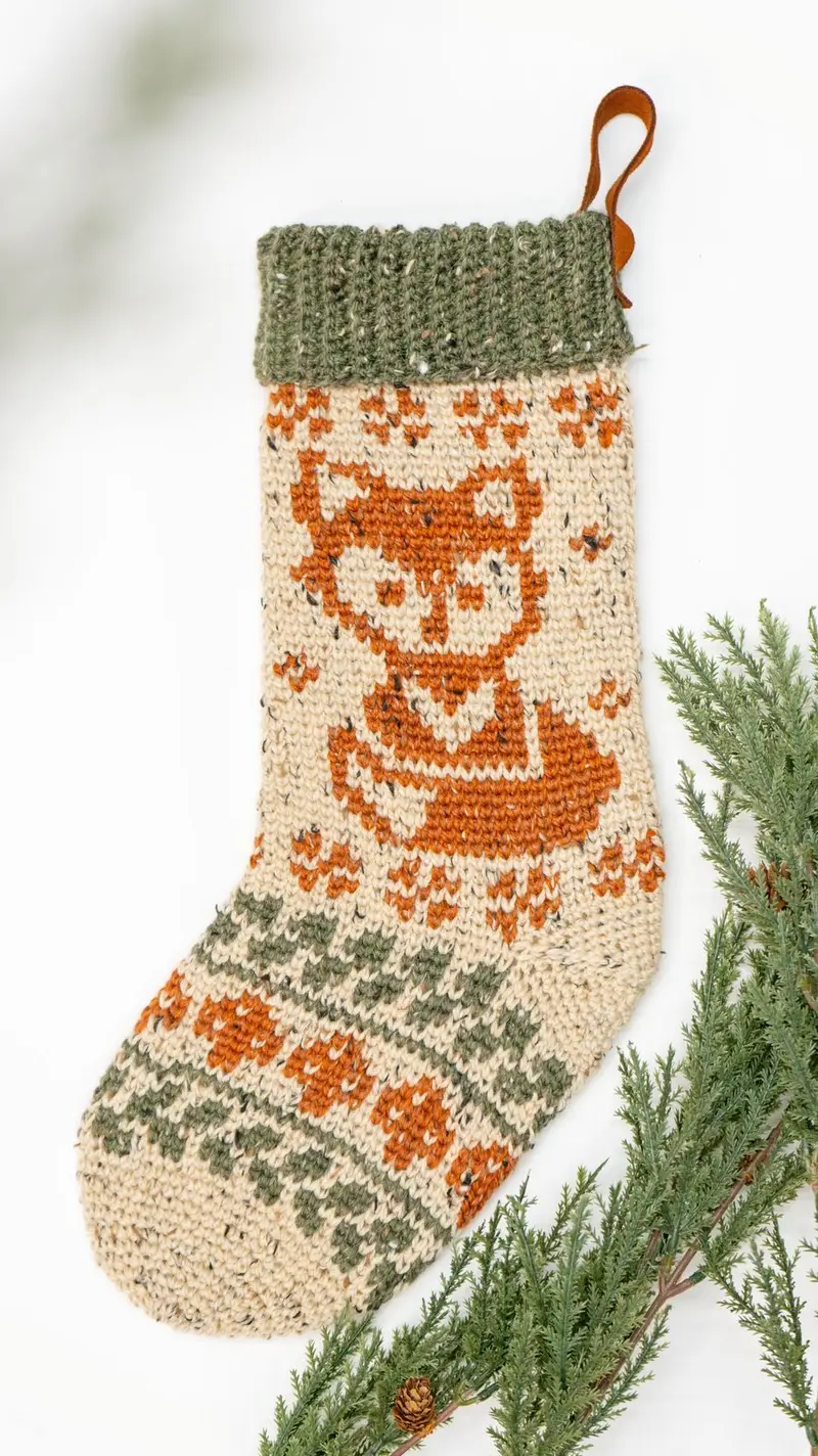 Woodland Fox Crochet Stocking in cream with an orange fox and sage colorwork