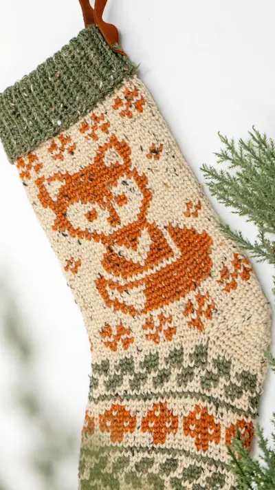 Close up of the fox colorwork on the Woodland Fox Crochet Stocking