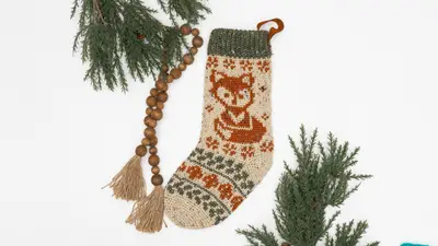Woodland Fox Crochet Stocking with a bead tassel and pine