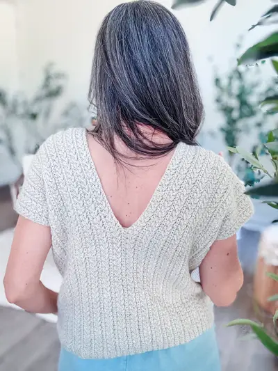 Back view of the cream Braided Wheat Easy Summer Top with a deep V back