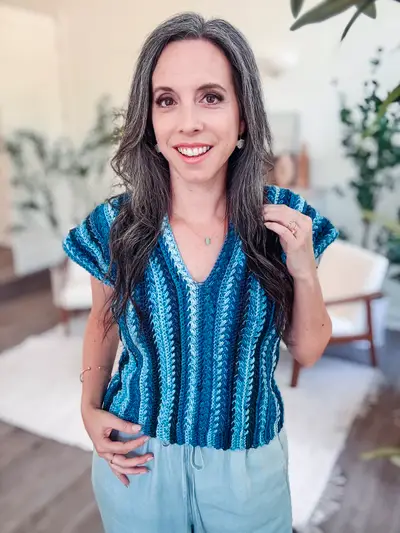 Braided Wheat Easy Summer Top in blue and teal vertical stripes