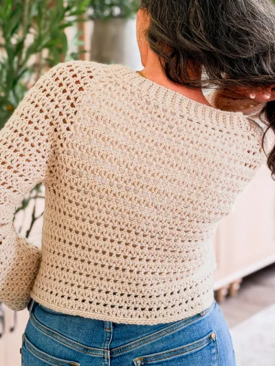 Back view of the cream Breeze V Neck Crochet Cardigan showing the mesh texture