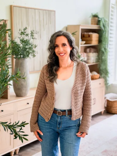 Tan Breeze V Neck Crochet Cardigan worn open with jeans and a belt