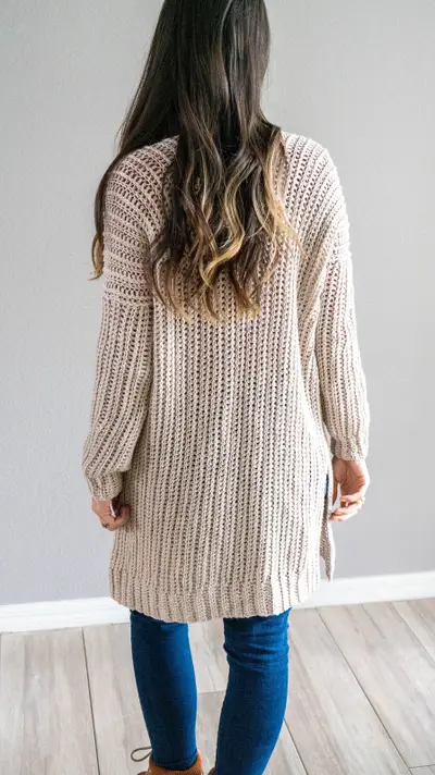 Back view of the long cream Campside Crochet Cardigan