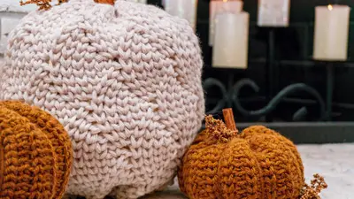 Close up of the knit look texture on the cream Cinderella's Crochet Pumpkin