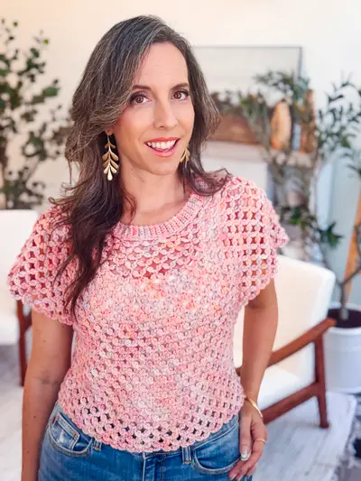 Pink Circle Leaf Lace Crochet Summer Top with short sleeves