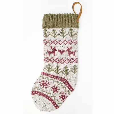 Classic Christmas Crochet Stocking with deer and trees in red and green on cream with a green cuff