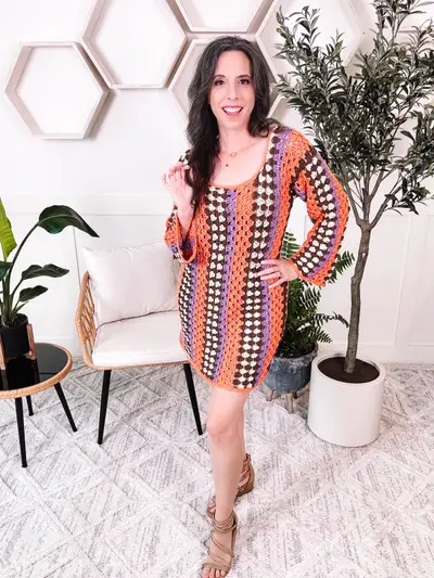 Classic Granny Dress in orange, purple and green stripes worn with sandals
