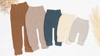 Row of Cutest Baby Cuffed Pants in brown, taupe, navy, cream and gray