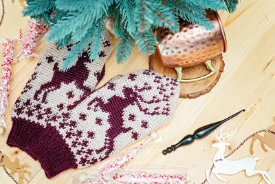 Deer Fair Isle Crochet Mitten laid flat with a crochet hook and pine branches