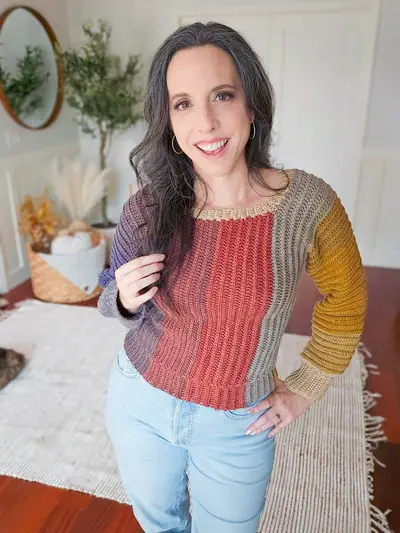 Dove Pullover in color blocks of rust, gray and mustard