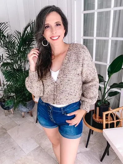 Tan tweed Finch Cardigan worn with denim shorts