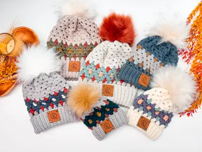Group of Gemstone Hues Crochet Beanies with faux fur pom poms in several colorways