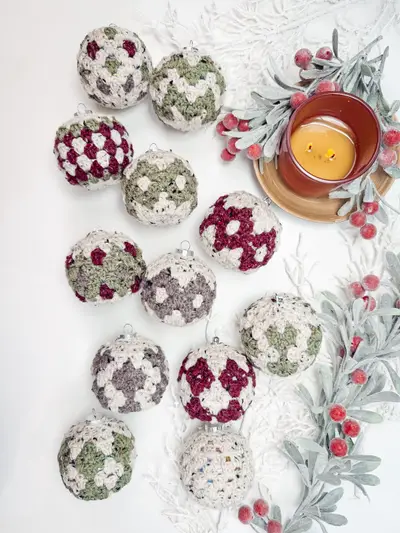 Collection of Granny All the Way Ornaments in burgundy, sage and cream