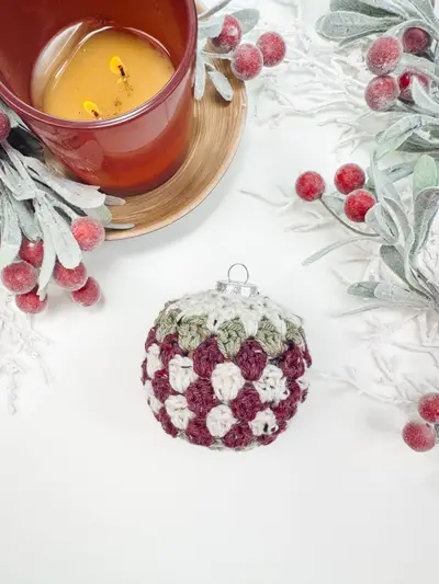 Burgundy and sage Granny All the Way Ornament with frosted berries
