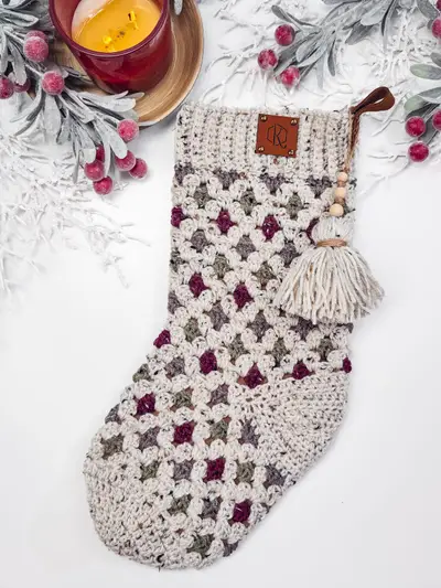 Granny All the Way Stocking in cream and gray with a leather tag and tassel
