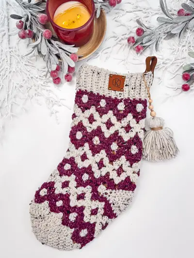 Burgundy and cream Granny All the Way Stocking with a tassel