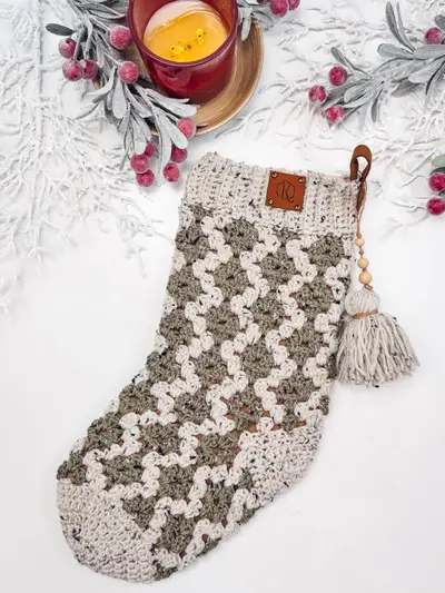 Sage and cream Granny All the Way Stocking with a leather tag