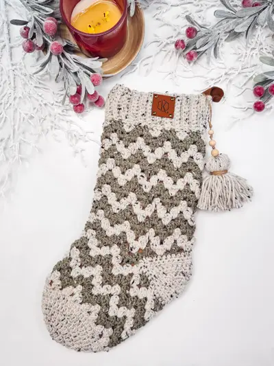 Sage zigzag Granny All the Way Stocking with a tassel