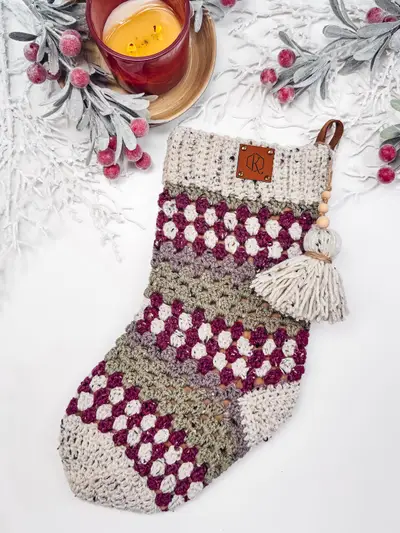 Burgundy and sage striped Granny All the Way Stocking