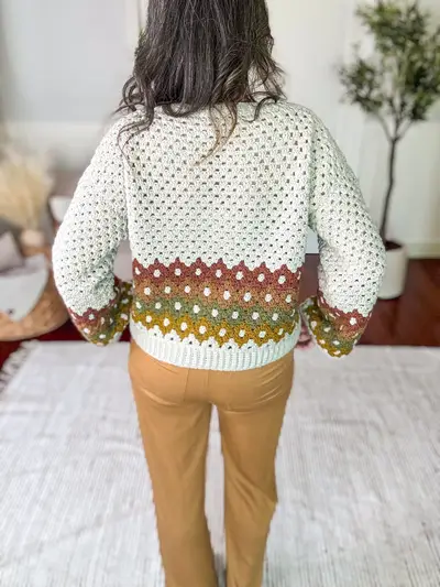Back view of the Shades of Diamonds Crochet Pullover with the diamond band