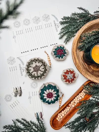 Hexagon Granny Bauble Ornaments in green, red and cream with the printed pattern
