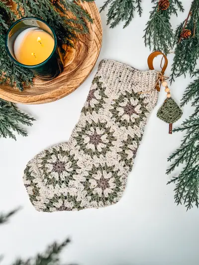 Hexagon Granny Stocking in oatmeal and sage hexagons with a leather loop