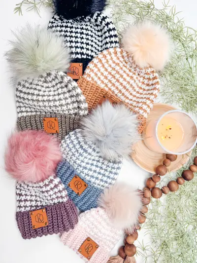 Houndstooth Crochet Beanies in many colors with faux fur pom poms