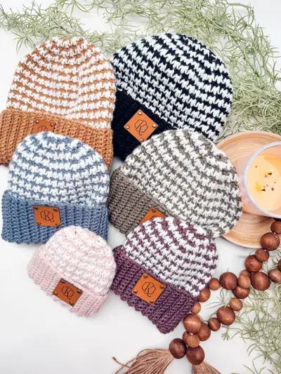 Houndstooth Crochet Beanies in rust, black, blue, gray and plum with leather tags