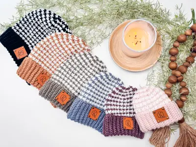 Row of Houndstooth Crochet Beanies in several colors without pom poms