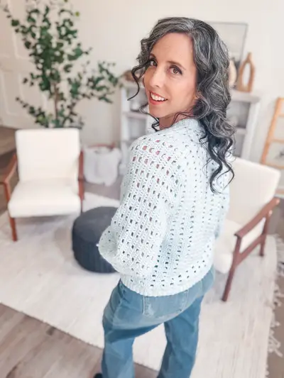 Back view of the light blue Hummingbird Cardi's mesh texture