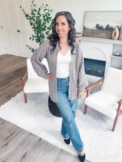 Gray Hummingbird Cardi worn open with wide leg jeans
