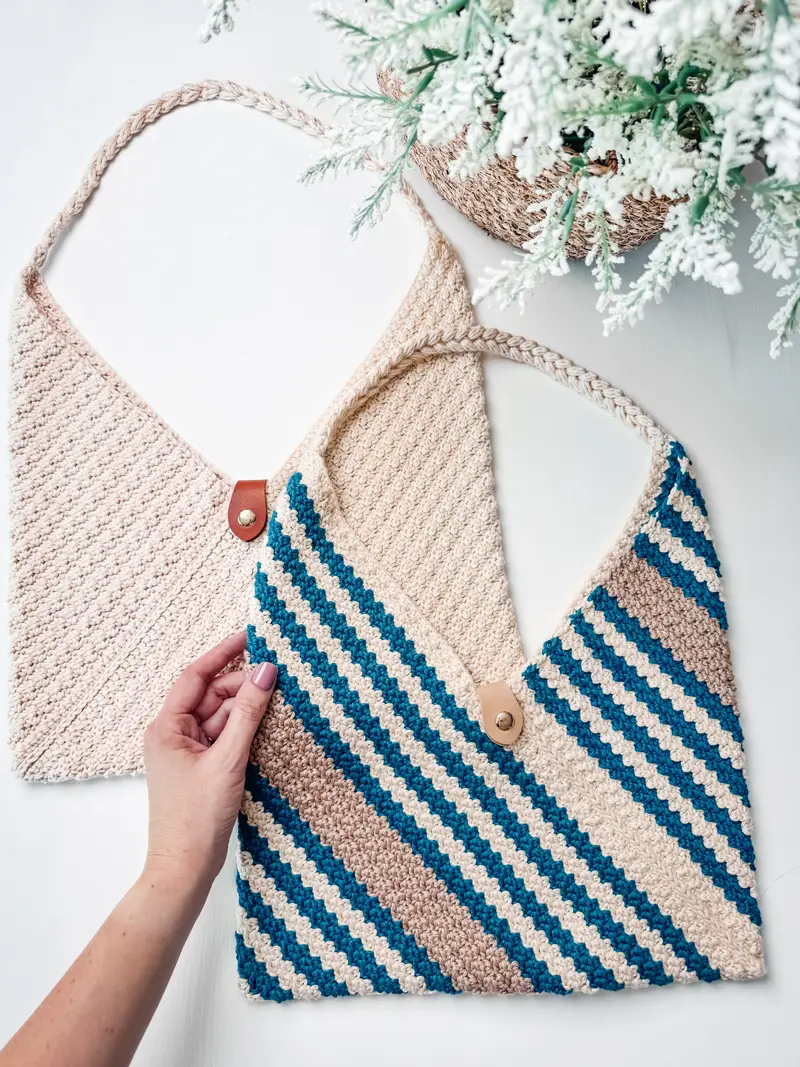 Just a Rectangle Crochet Bag in cream with teal and tan diagonal stripes