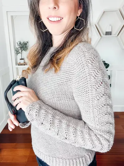 Smiling woman in the gray Lovely Lace Crochet Sweater
