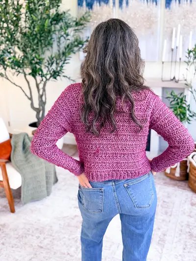 Back view of the plum Petal Loop Cardigan