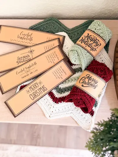 Petal Loop Chevron Washcloths in red, sage and cream with gift wrap labels