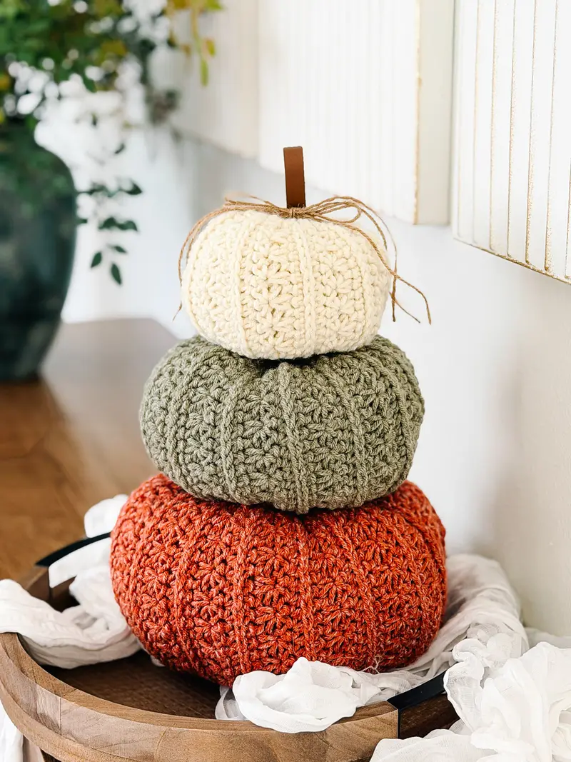 Petal Loop Stitch Pumpkin Trio stacked in cream, sage and rust