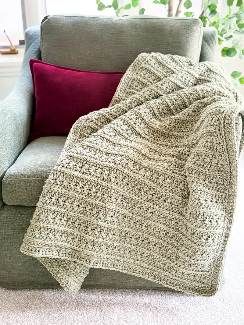 Sage Petal Loop Stitch Textured Blanket draped over a green sofa