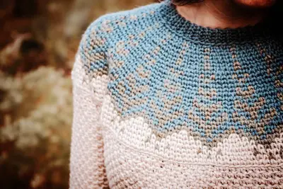Close up of the blue and cream Pine Fair Isle yoke