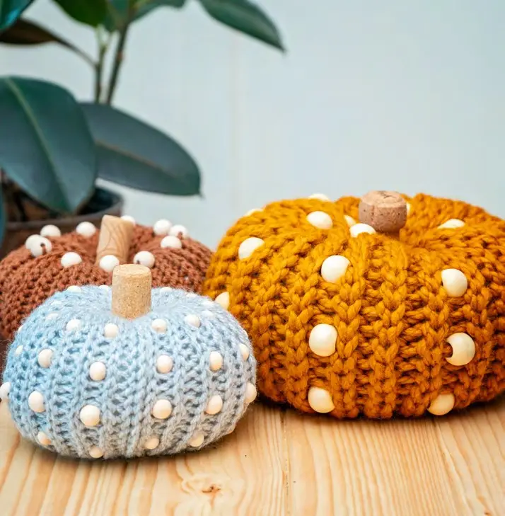 Crochet Pumpkins with Beads in mustard, light blue and brown with wood beads