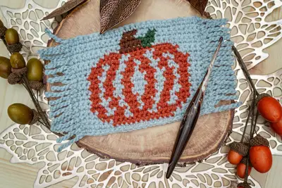 Pumpkin Coffee Mug Rug with fringe on a wood slice with a wooden hook and acorns