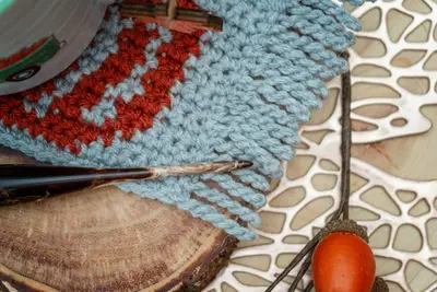 Close up of the mug rug's twisted fringe and single crochet colorwork stitches