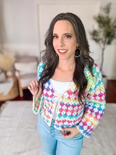 Rainbow Hues Crochet Cardigan in bright multicolor granny stitch with a tie front
